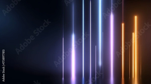 Obraz Vertical glowing neon light lines in blue purple and orange against a dark background with reflections
