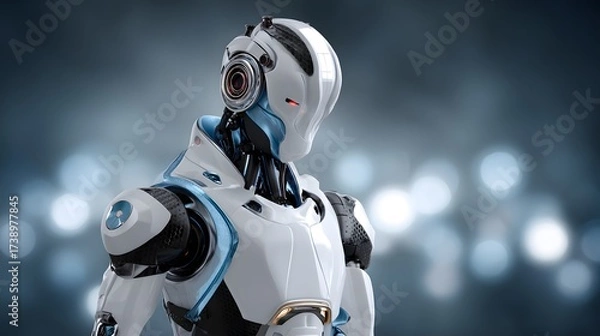 Obraz Futuristic white robot with sleek blue accents and a prominent red glowing eye against a blurred bokeh background