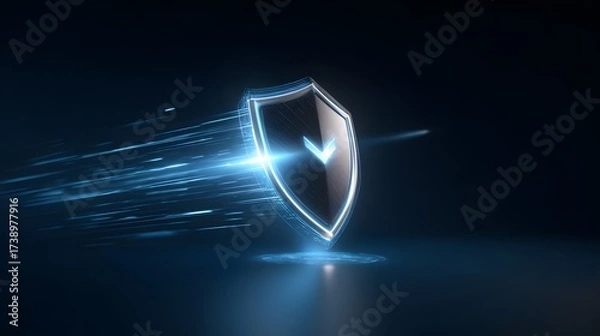 Obraz Gleaming 3D security shield icon featuring a bright blue checkmark surrounded by luminous digital data streams against a