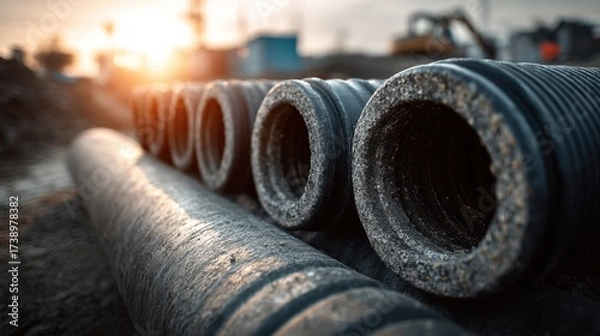 Fototapeta Construction site action coiled black pe pipes laid out for standard use urban environment close-up view
