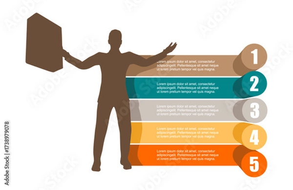 Fototapeta Happy businessman celebrates success standing with briefcase and rise his hands up. Infographic with five features or option of project to select. Finance, economy, professional occupation and career.