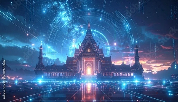 Obraz A futuristic temple glowing under a digital sky sci-fi fantasy fusion, matte painting.