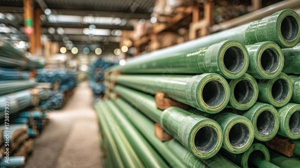 Fototapeta Green ppr pipes and fittings stacked neatly in plumbing supply warehouse industrial setting close-up view for efficient plumbing solutions