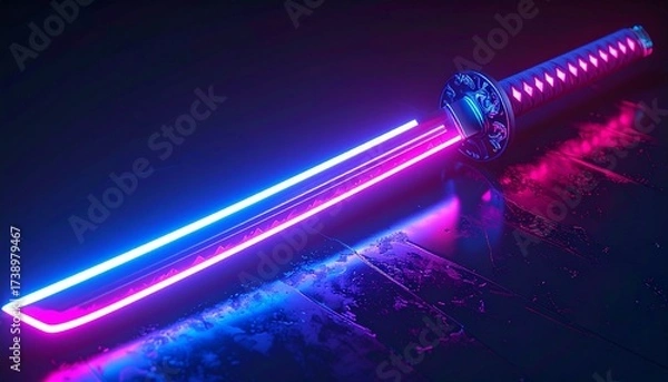Obraz A neon samurai sword glowing in the dark cyberpunk weapon design, ultra-detailed.