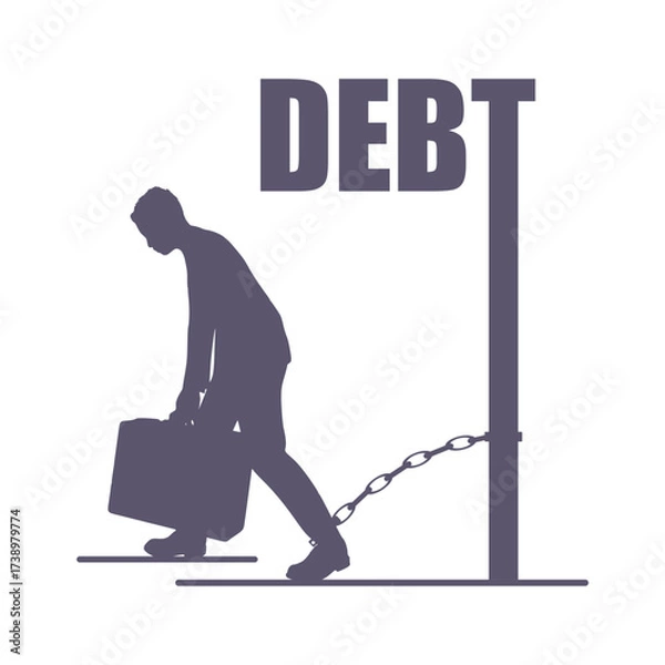 Fototapeta Businessman chained by a huge debt word. Man who is in debt. Concept of financial problem, obligation, responsibility, burden and money management. Financial mistake, bankruptcy and stress metaphor.