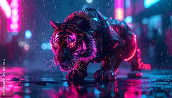 Obraz A cybernetic tiger prowling in the rain cyberpunk animal design, neon lights.