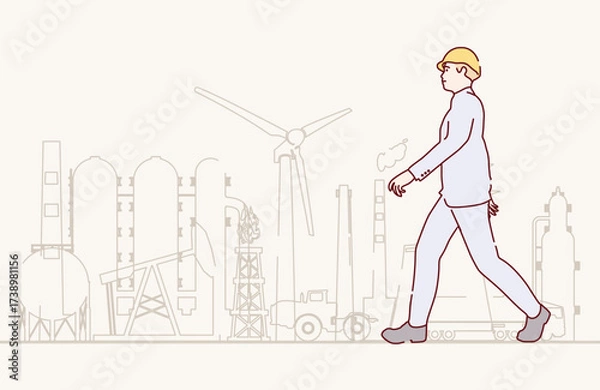 Fototapeta Walking industrial worker or engineer silhouette featuring energy generation and infrastructure icons. Project management, engineering and safety inspection.