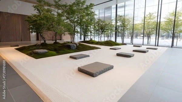 Fototapeta Zen garden in modern building lobby. Peaceful oasis, city view.  Use Relaxation, design