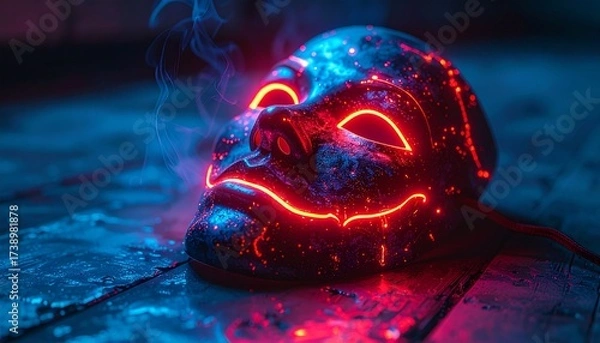 Obraz A glowing cursed mask on the floorcyberpunk horror aesthetic.