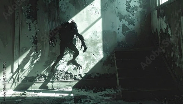 Obraz A monstrous shadow crawling on wallspsychological surreal horror.
