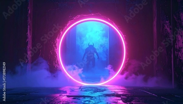 Obraz A glowing portal with monstrous silhouettes insidedark fantasy horror, neon surrealism.