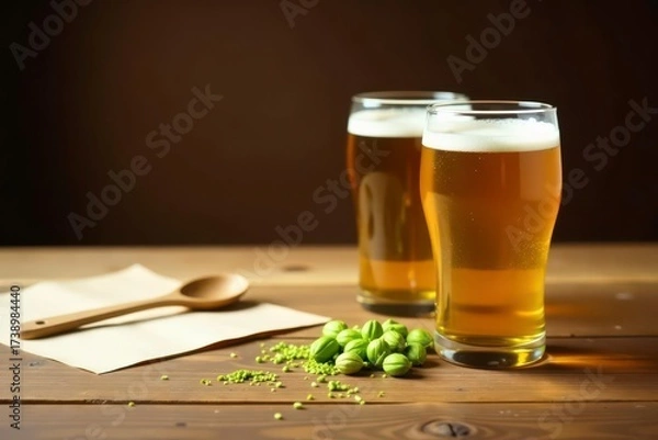 Fototapeta Refreshing golden beverage in glasses with hop cones and wooden spoon on a rustic table