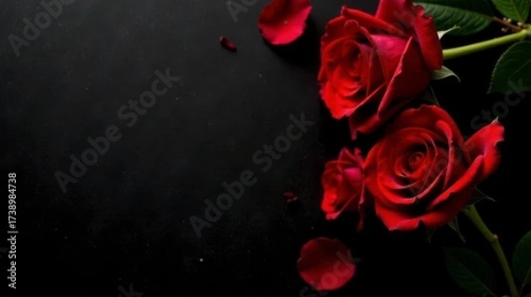 Fototapeta Dark background showcasing a trio of deep red roses with scattered petals