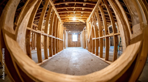 Fototapeta Unfinished basement framed hallway with exposed wooden studs and ceiling beams lit by warm light creating cozy construction atmosphere