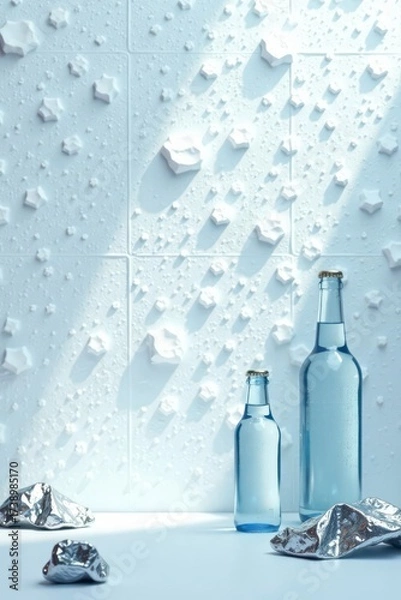 Fototapeta Reflective Still Life with Two Glass Bottles and Crumpled Foil Against a Textured White Background