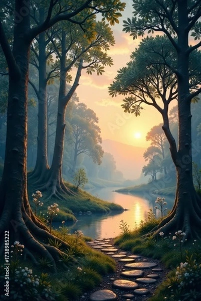 Fototapeta Serene Sunset Stroll Along a Picturesque River Path Through an Enchanting Forest