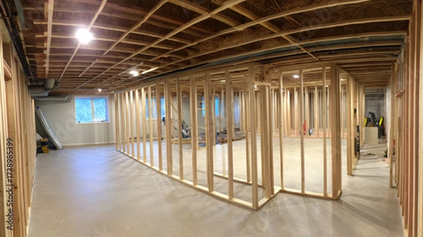 Fototapeta Unfinished basement construction with wood stud framing and exposed ceiling creating spacious renovation scene, warm lighting and concrete floor