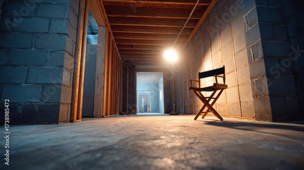 Fototapeta Empty unfinished basement corridor with concrete block walls and single director chair under warm light, moody atmosphere and cinematic depth