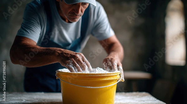 Fototapeta Man with cap kneading flour in yellow bucket on rustic table, hands covered in flour, warm moody light, intimate artisan scene