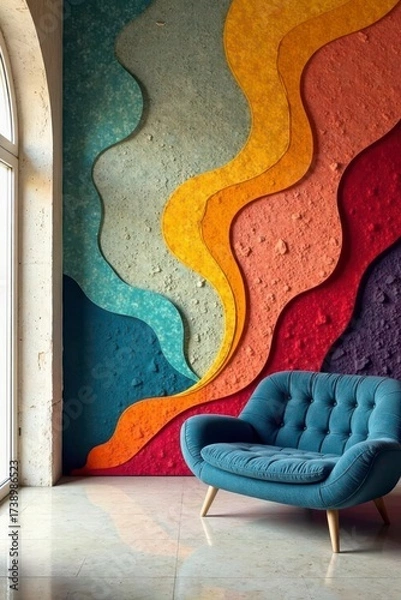 Fototapeta Vibrant Abstract Wall Art Featuring Multicolored Textured Waves and a Comfortable Teal Upholstered Chair in a Modern Interior Setting