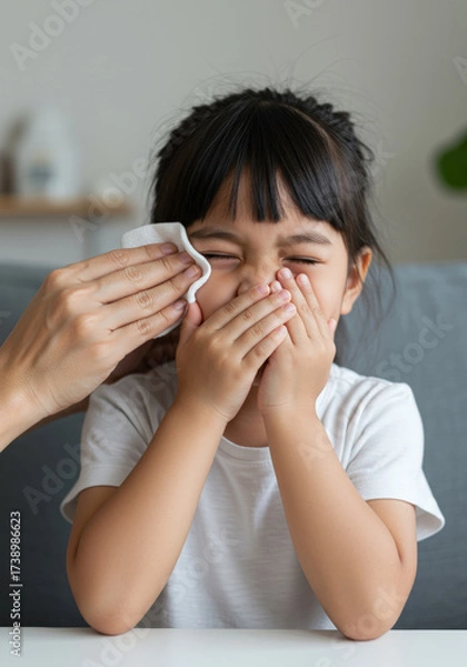 Obraz Child covering their mouth while adult gently wipes their face with tissue, promoting hygiene and health. This moment highlights care and attention to children well being, especially during