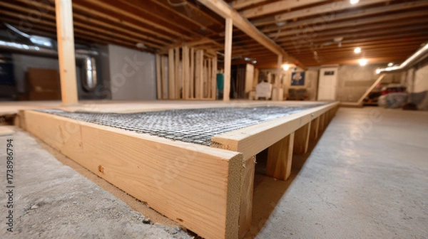 Fototapeta Unfinished basement subfloor with wooden frame and metal mesh, low lit utility space with exposed joist and concrete floor, quiet construction