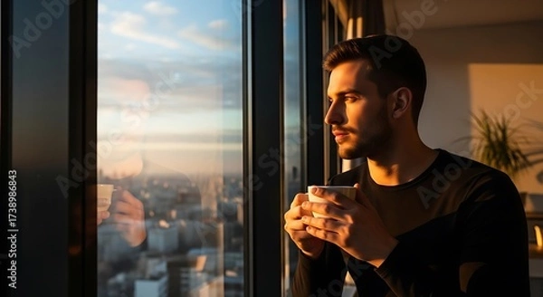 Fototapeta Man holding coffee cup looking out large window at sunrise over city image
