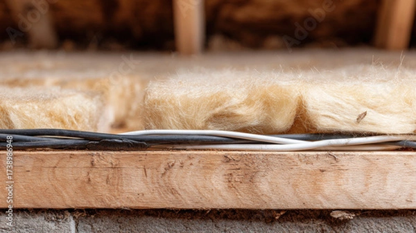 Fototapeta Rock wool insulation and electrical cable in attic loft, warm textured insulation closeup creating cozy atmosphere