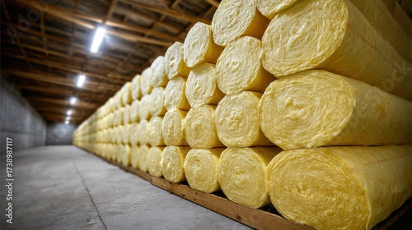 Fototapeta Yellow fiberglass insulation rolls stacked in warehouse aisle, warm lighting and industrial storage creating calm atmosphere