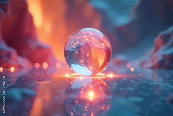 Fototapeta A Crystal Orb Reflects a Dreamlike Landscape of Glowing Hues and Soft, Abstract Forms