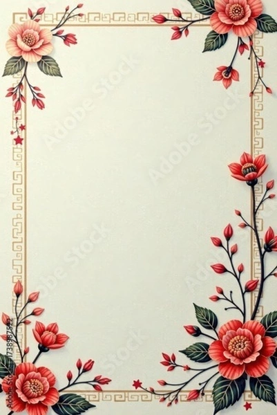 Fototapeta Elegant Floral Frame Design with Red Blossoms and Geometric Border for Decorative Purposes