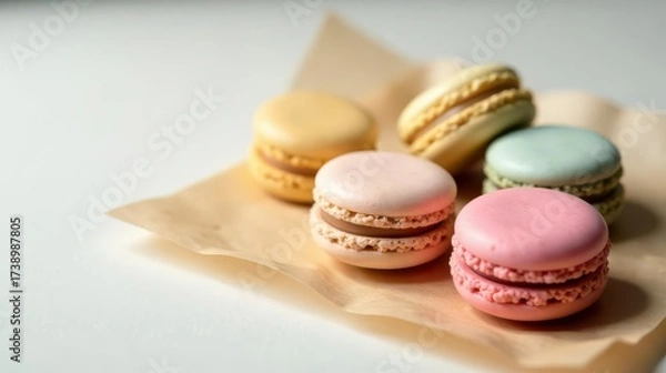 Fototapeta A delightful assortment of pastel-colored macarons rests on parchment paper, showcasing their delicate shells and creamy fillings.