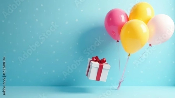 Fototapeta A delightful surprise pastel balloons and a gift box float gently against a serene blue backdrop