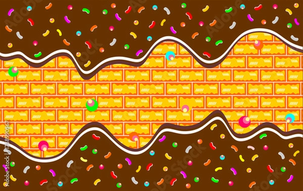 Fototapeta Wavy chocolate pattern. Chocolate wavy drip illustration. Brown chocolate drip illustration. Melted brown chocolate with sprinkle illustration. Liquid ice cream on waffle pattern background