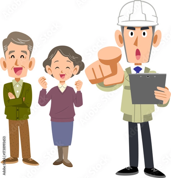 Obraz シニア夫婦と作業着の男性
