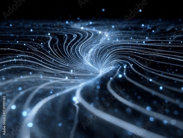 Obraz Abstract blue glowing lines and particles on dark background, illustrating digital data flow, network connection, and futuristic technology concept.