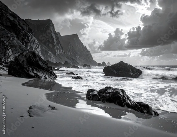 Fototapeta Dramatic Black and White Coastal Landscape of Beach, Cliffs, and Ocean