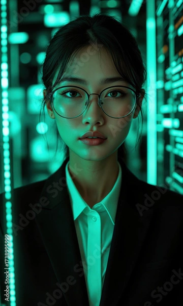 Fototapeta Asian Data Scientist Code Rain Asian female 28 glasses blazer watches cascading code, isolated , photoreal neon green, cool