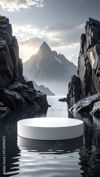 Obraz Podium on Water with Black Rock Background