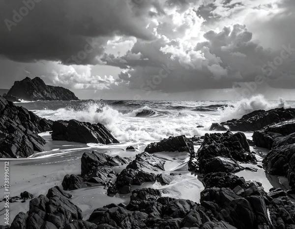 Obraz Dramatic Black and White Coastal Landscape of Rocky Shore and Ocean Waves