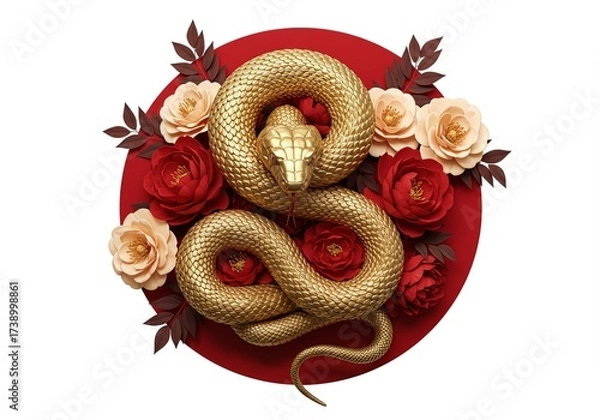 Fototapeta Golden snake coiled with red and beige roses and dark leaves