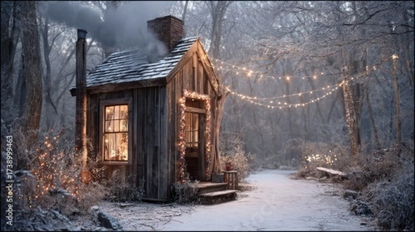 Fototapeta Cozy Rustic Wooden Cabin in Snowy Forest with String Lights and Smoke
