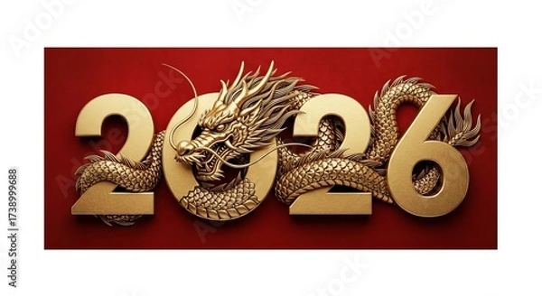 Fototapeta Golden dragon entwined with the year 2026 on a red background