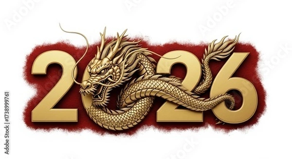 Fototapeta Golden dragon with year 2026 text isolated on white background