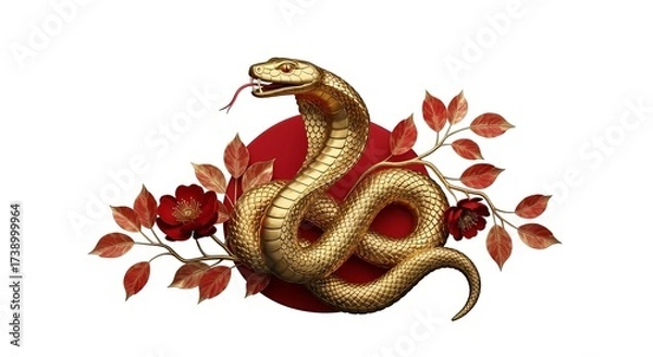 Fototapeta Golden snake coiled around red flowers and leaves isolated on white background