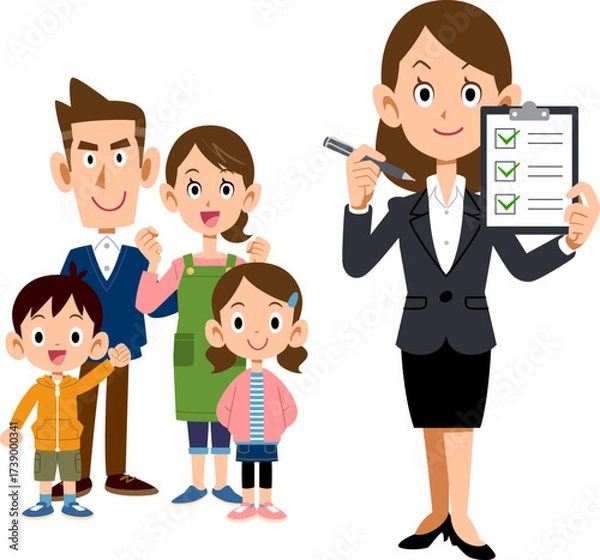 Obraz 家族とチェックリストを見せるスーツ姿の女性
