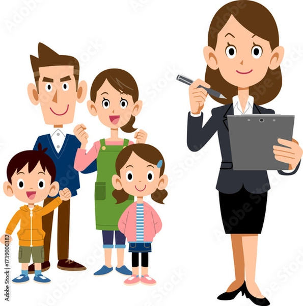 Obraz 家族と書類に記入するスーツ姿の女性
