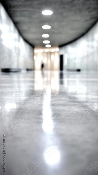 Fototapeta A sleek, modern corridor with polished flooring and ambient lighting.