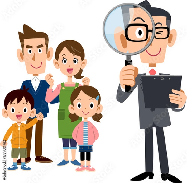 Obraz 家族と書類を手に持ち虫眼鏡を覗くスーツ姿の男性
