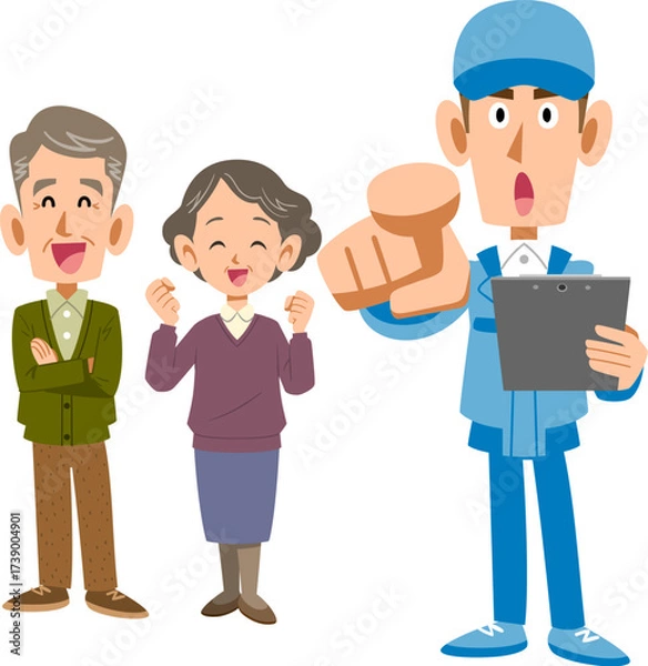 Obraz シニア夫婦と指を指す作業員の男性
